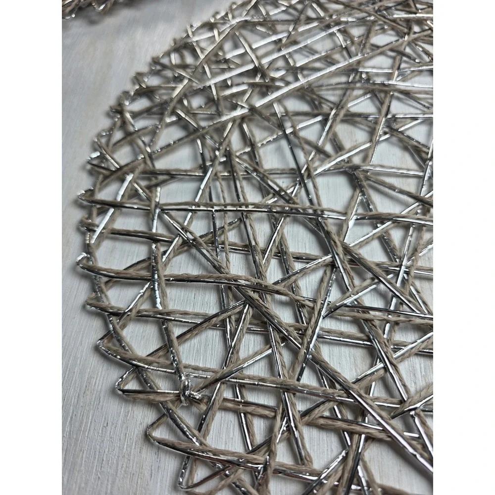Silver Woven Round Placemats Set Metallic Bird Nest Boho Minimalist Decor 15